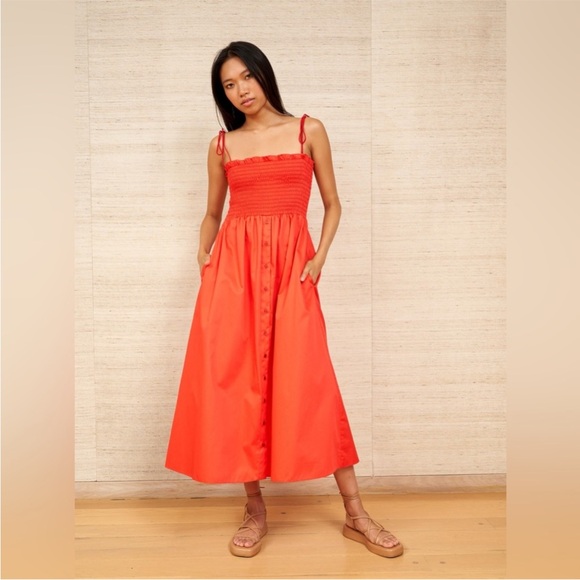 La Ligne Dresses & Skirts - La Ligne Coral-Red Smocked Midi Dress with Tie Straps